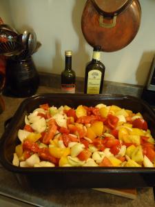 Roast Tomato Sauce - tomatos, onions, garlic and vinegar in a roasting pan